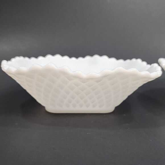 2 Vintage 6" Sq. Hazel Atlas Ruffled Edge Milk Glass Candy Dish Diamond Point - Picture 4 of 10